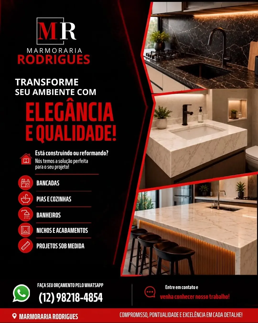 Ambiente com acabamento em pedra, da Marmoraria Rodrigues